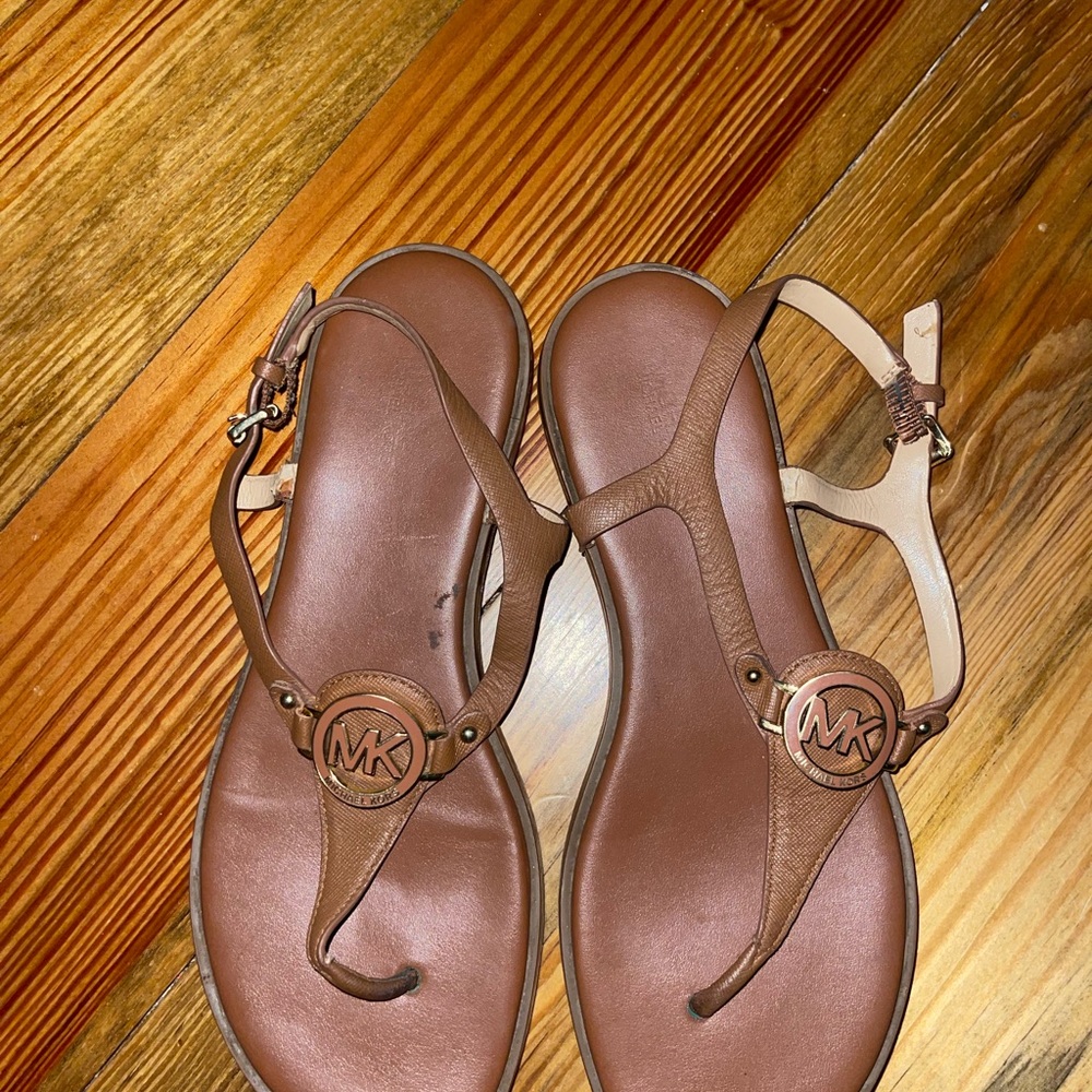 Michael Kors Brown Leather Sandals with Medallion Detail